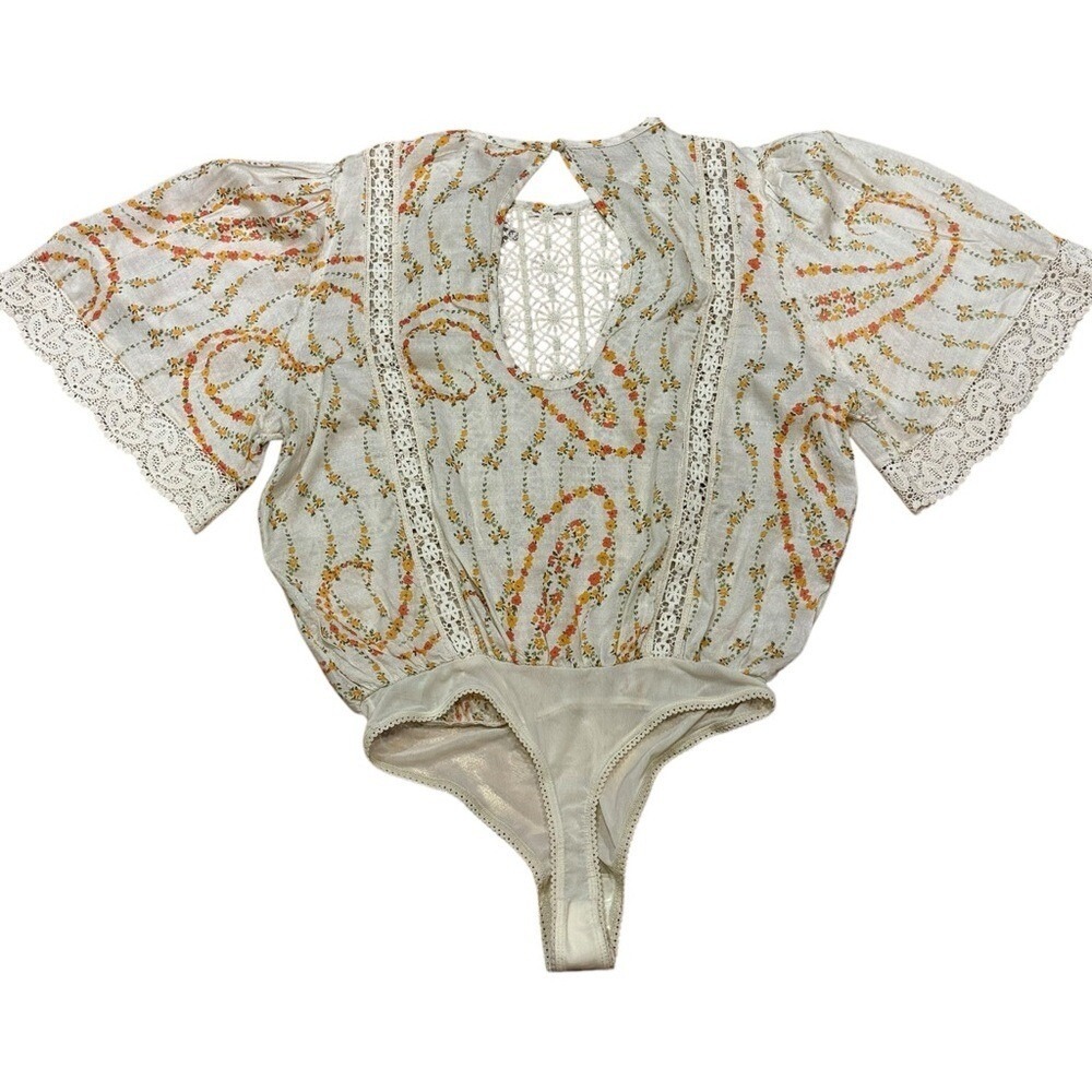 New Free People Bali Tate Blousey Bodysuit Floral Top Tapioca Boho Crochet XS - Picture 5 of 7